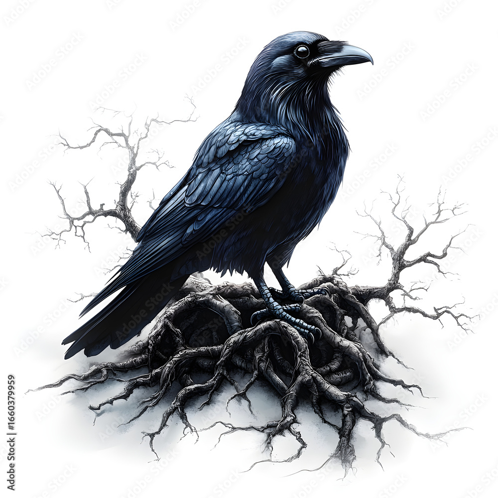Fototapeta premium A detailed illustration depicts a black raven perched atop a mass of intertwined roots, with bare branches in the background. The bird is looking to the side.