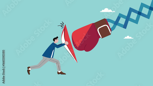 Business threat or problem, challenge or survive to win, survive and struggle to face business competition, defensive businessman using shield to face boxing glove with spring
