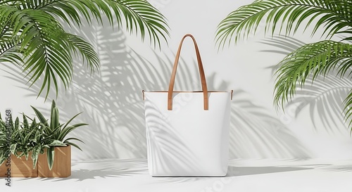 Elegant white tote bag with tropical palm leaves and sunlight shadows for fashion lifestyle photography