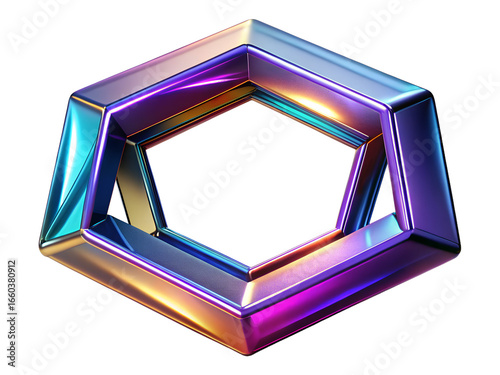 3d illustration of iridescent metallic hexagonal shape isolated on transparent background, representing a futuristic geometric design with vibrant colors and a modern aesthetic