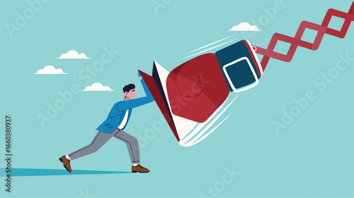 Business threat or problem, challenge or survive to win, survive and struggle to face business competition, defensive businessman using shield to face boxing glove with spring
