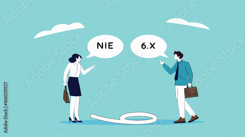 different opinion because different viewing angle, differences in ways of thinking or searching for solutions, businessman and woman argue from different points of view to determine number nine or six