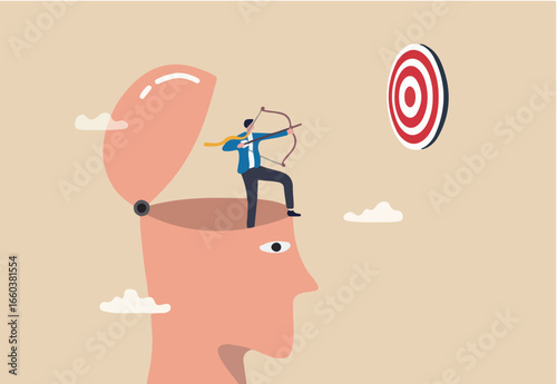 Success mindset, attitude to achieve goal or target, challenge to succeed in work, growth mindset or thought leader and determination concept, courage businessman archery aiming bot to hit target.
