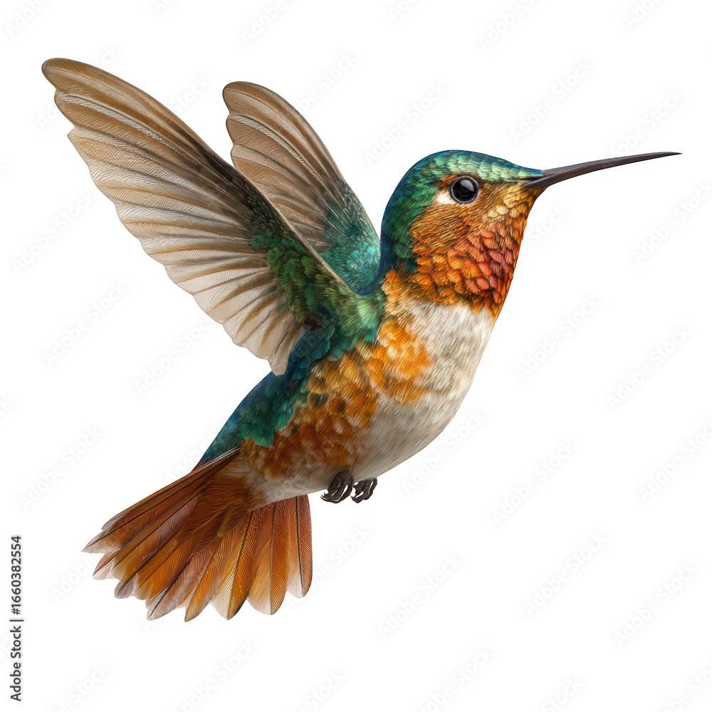Fototapeta premium Detailed hummingbird in flight, colorful feathers, long beak, hovering
