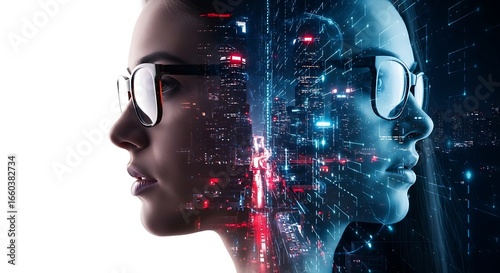 Abstract double exposure portrait of a person merged with digital circuitry and city lights