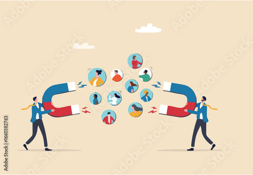 Talent war, company competition to draw skillful candidate to fill in vacancy, recruitment war or career challenge, prospect or applicant fighting concept, businessman fighting magnet for candidates. 