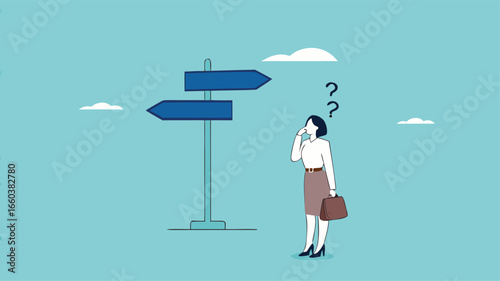 choose a new career path, confused businesswoman about choosing his career direction, make life decision choice, decide the right or wrong direction
