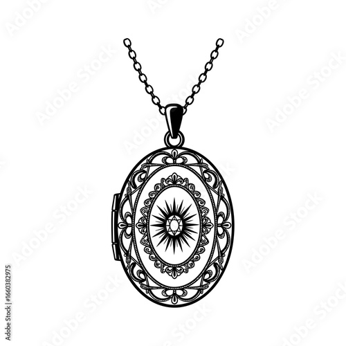 Detailed black and white drawing of an oval locket on a delicate chain necklace