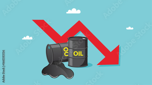 falling oil prices, risk of loss in crude oil stocks due to price crisis, Oil prices sharpen losses, pile of spilled crude oil barrels with falling graph
