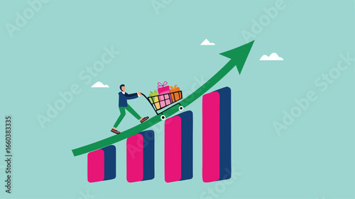 food price inflation, Inflation causing grocery price rising up, food or economic crisis that causes food prices rising up, Businessman push shopping carts filled with food items up the price chart
