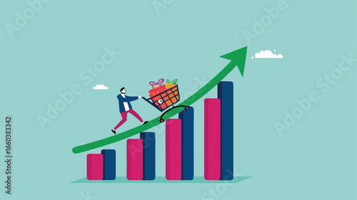 food price inflation, Inflation causing grocery price rising up, food or economic crisis that causes food prices rising up, Businessman push shopping carts filled with food items up the price chart
