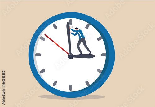 Turn back time to change or fix mistake, inevitable failure or urgency closed to deadline concept, businessman standing on clock hour hand manage to push back minute hand to turn back time.