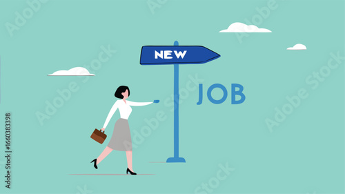 new job recruitment concept, business or career opportunity, new challenge to reach success, happy businesswoman running following a sign with the words new job
