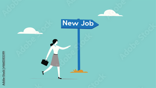 new job recruitment concept, business or career opportunity, new challenge to reach success, happy businesswoman running following a sign with the words new job
