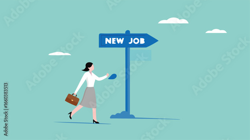 new job recruitment concept, business or career opportunity, new challenge to reach success, happy businesswoman running following a sign with the words new job
