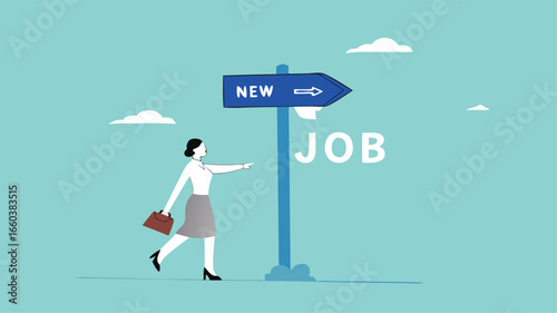 new job recruitment concept, business or career opportunity, new challenge to reach success, happy businesswoman running following a sign with the words new job
