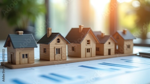 Investment Portfolio: Miniature House Models Over Financial Charts Representing Property Empire Building