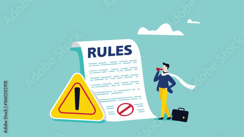 work rules and regulation, company standard operating procedures, Company policies for employee guidelines, smart businessman finishes writing work rules and regulations document concept illustration
