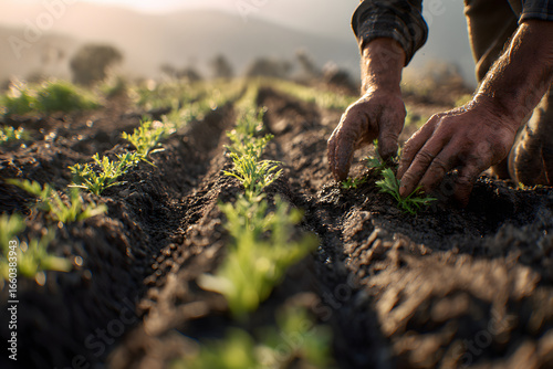 Farmer hands planting seedlings in fertile soil, early morning sunlight, rural agriculture, growth, hope, and nature connection, close up perspective