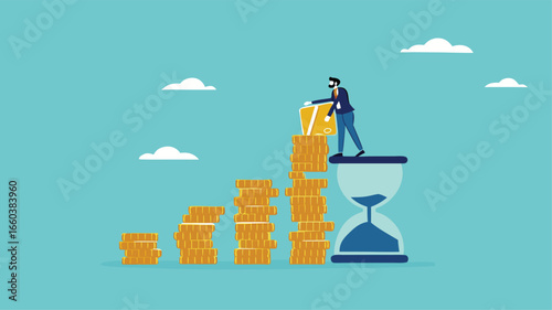 long term investment concept, Growth Earning From Compound Interest In Long Term Investing, businessman makes financial growth graph by stacking gold coins on top of hourglass vector illustration