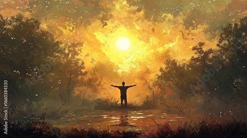 Person experiencing positive emotion golden sunlight