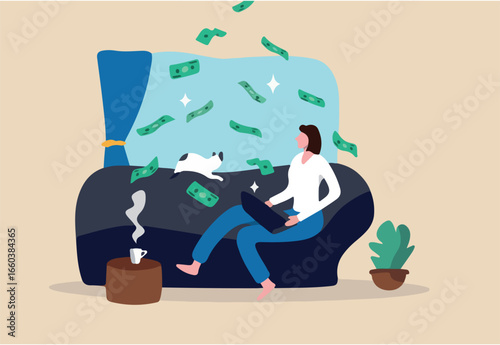 Self employed, freelancer or online business owner, remote work from home, individual job or distance worker, e-commerce business concept, young woman making money work with computer laptop at home.