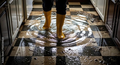 Person in Yellow Boots Standing in Floodwater on Kitchen Floor