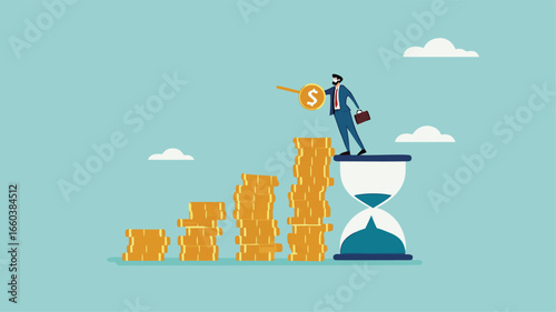 long term investment concept, Growth Earning From Compound Interest In Long Term Investing, businessman makes financial growth graph by stacking gold coins on top of hourglass vector illustration