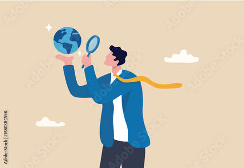 Global world economic analysis, international work opportunity, oversea research or investment country risk, region or foreign career searching concept, businessman analyze global world business.