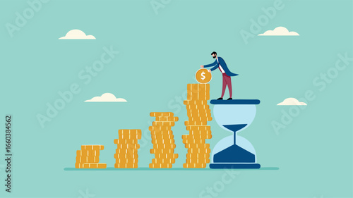 long term investment concept, Growth Earning From Compound Interest In Long Term Investing, businessman makes financial growth graph by stacking gold coins on top of hourglass vector illustration