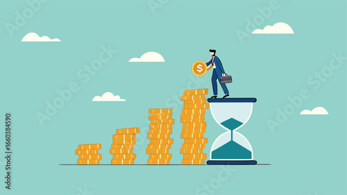 long term investment concept, Growth Earning From Compound Interest In Long Term Investing, businessman makes financial growth graph by stacking gold coins on top of hourglass vector illustration