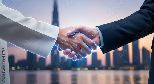 Futuristic Business Handshake in Middle east with AI Technology, Digital Partnership and Global Business Agreement, Successful Technology Handshake, Arab Businessman Deal, Future Investment.