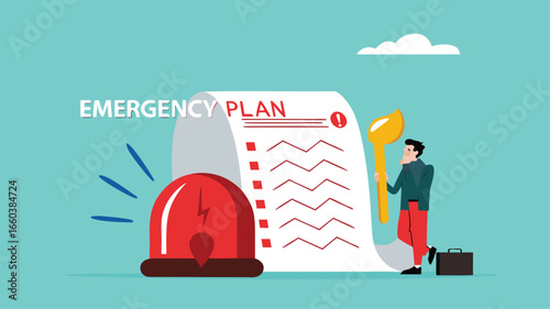 business emergency action plan with businessman holding pencil standing next to siren and emergency plan list paper, emergency action plan, emergency action plan when business disaster occurs 