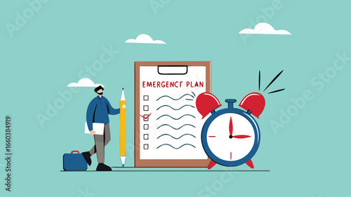 business emergency plan or strategy illustration, emergency action plan, emergency action plan when business disaster occurs, business stand with a list of emergency plans with an alarm clock beeping