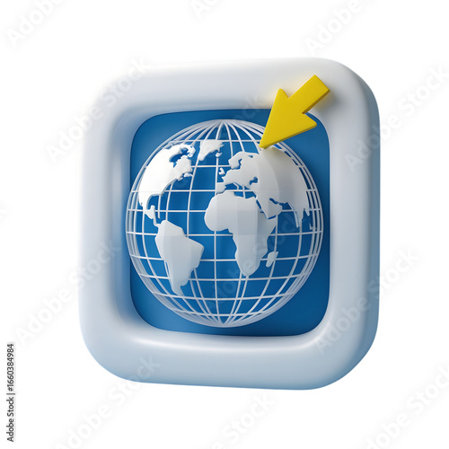 earth globe icon on white Globe with arrow on white background over a map illustration