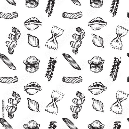 Seamless pattern with different pasta types hand drawn in sketch style