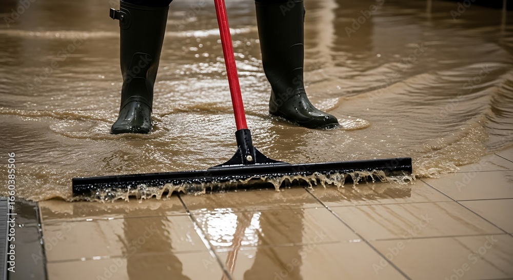 Fototapeta premium Worker in Rubber Boots Using Squeegee to Clear Floodwater from Floor