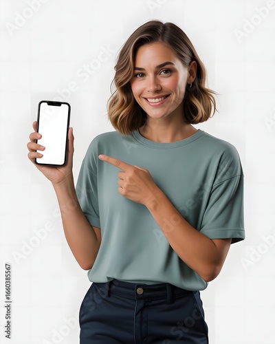 Smiling young woman presenting smartphone with blank screen