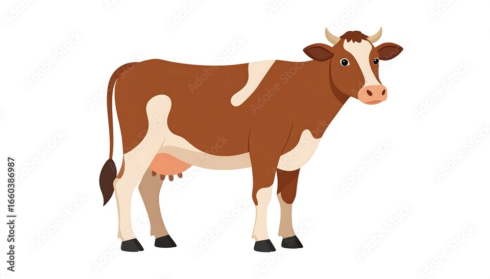 Fototapeta premium Cute cartoon illustration of a brown and white spotted cow, presented against a plain white background.
