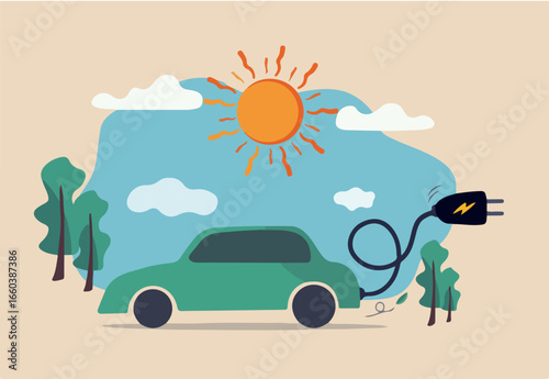 EV, Electric car clean energy environment friendly or hi technology using reusable solar power to fuel battery car concept, Electric car with power cable and electric plug with nature tree and sun. 
