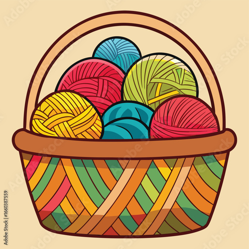 A woven basket overflowing with colorful balls of yarn, thread, and wool is a joyful celebration of the art of knitting and crochet