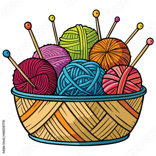 Colorful balls of yarn with knitting needles and wool threads for craft hobbies