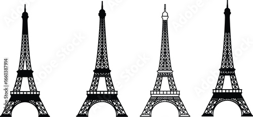 Eiffel Tower silhouettes collection, Paris landmark icons, black outline design, vector illustration, French architecture, travel symbol, decorative monument shapes, tourism art reference