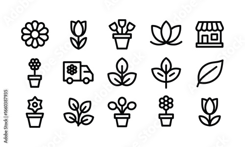 Minimalist line art icon set with 20 flower and plant icons including daisy, tulip, lotus, bouquet, leaf, potted plant, and delivery