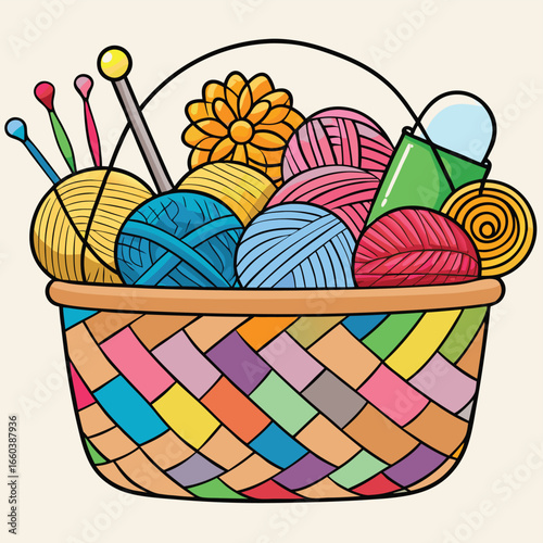 A festive wicker basket filled with colorful Easter eggs, candy canes, and an ice cream cake, symbolizing a traditional spring celebration