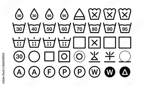 Complete washing and care symbol set in black and white with icons for temperature, ironing, drying, fabric care, and laundry instructions