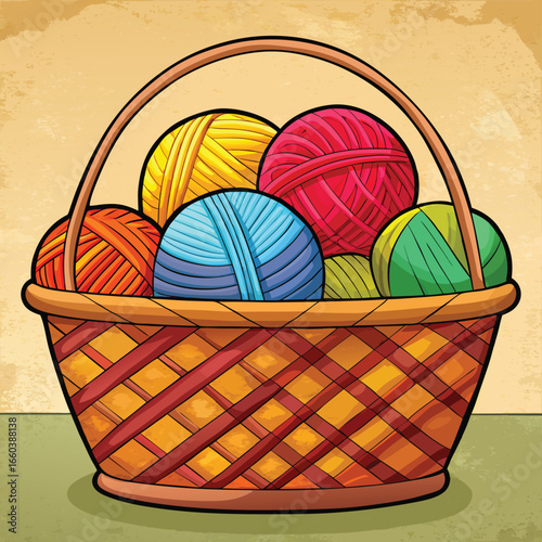 A wicker basket filled with colorful yarn balls and decorated with eggs for an Easter celebration