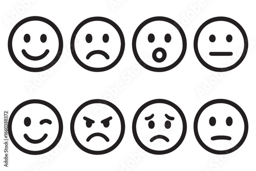 emoji faces depicting various emotions happy, sad, surprised, wink, angry, and neutral expressions for social communication and emotional expression.