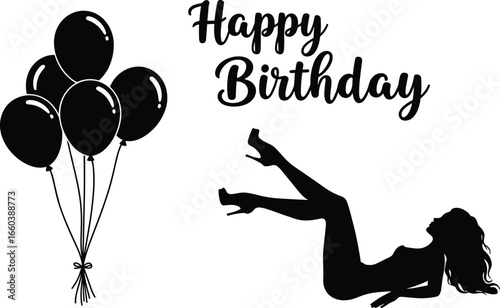 Birthday silhouette, balloons, reclining woman, Happy Birthday text, celebration, festive, elegant, graphic