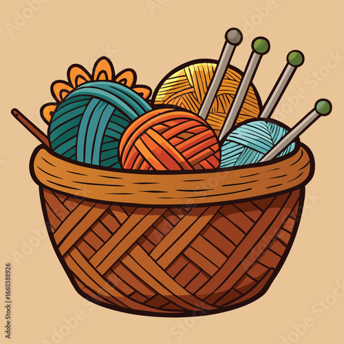 A vibrant basket filled with colorful yarn and knitting needles sits, ready for a cozy craft hobby